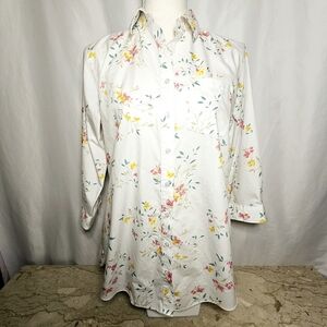 🛑 Lands' End Womens Crisp Soft White Cotton Button-up Blouse w/Flowers 8P